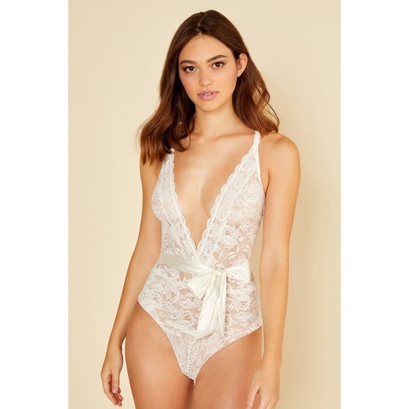 CosaBella Never Say Never Tie Me Up Deep V Lace Bodysuit White Bridal Lingerie